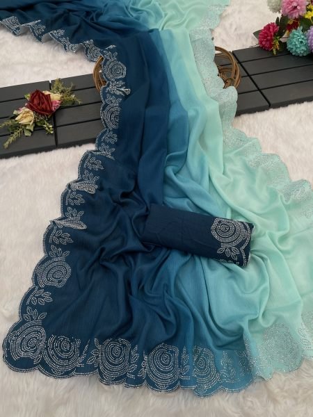 Elegant Chinon Shaded Saree with Siroski Diamond Work   Unstitched Blouse Designer Sarees