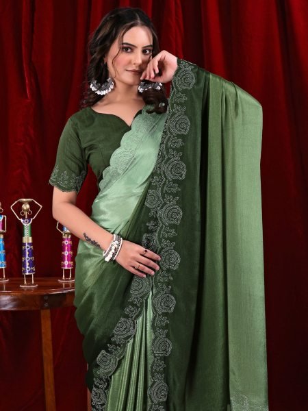 Elegant Chinon Shaded Saree with Siroski Diamond Work   Unstitched Blouse Designer Sarees