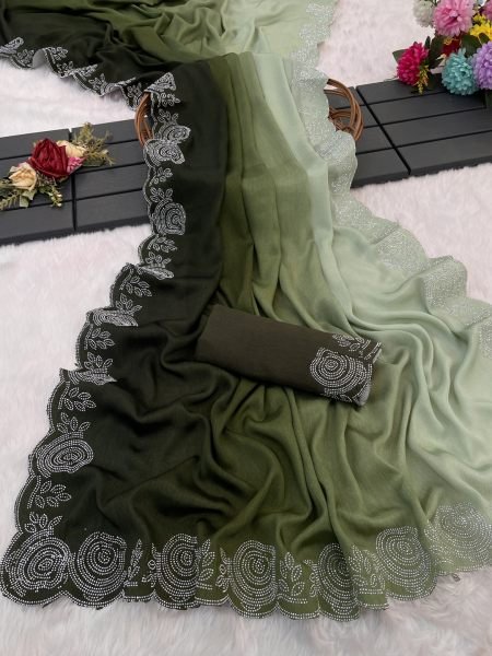 Elegant Chinon Shaded Saree with Siroski Diamond Work   Unstitched Blouse Designer Sarees