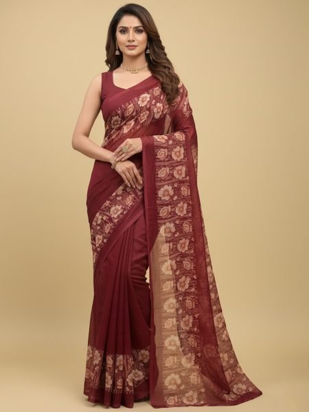 Elegant Floral Border Print Georgette Border Saree Daily Deals
