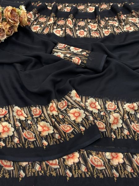 Elegant Floral Border Print Georgette Border Saree Daily Deals