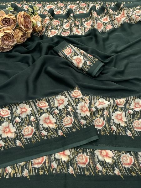 Elegant Floral Border Print Georgette Border Saree Daily Deals