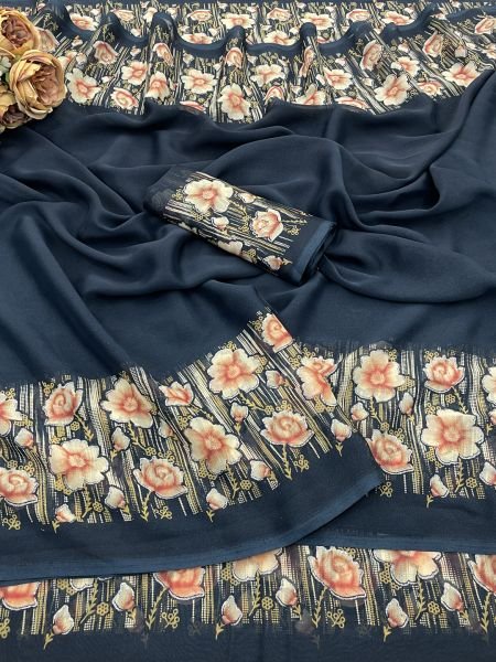 Elegant Floral Border Print Georgette Border Saree Daily Deals