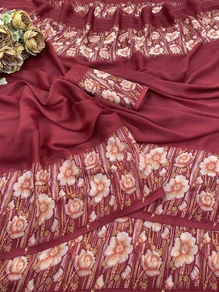 Elegant Floral Border Print Georgette Border Saree Saree
