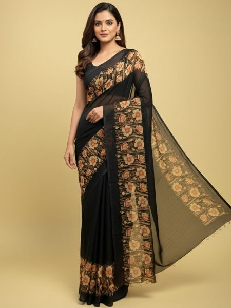 Elegant Floral Border Print Georgette Border Saree Printed Sarees