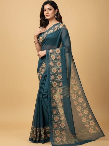 Elegant Floral Border Print Georgette Border Saree Printed Sarees