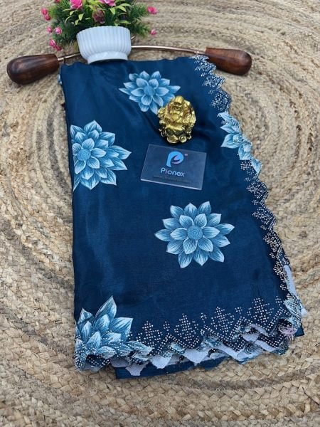 Printed Chinon Saree with Sparkling Siroksi Diamond Work Border Printed Sarees