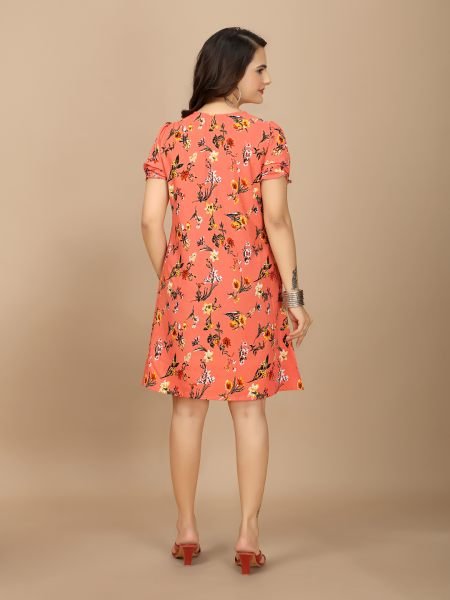 Elegant Red Floral Crape Dress Sweetheart Neckline Stylish Puff Sleeves Dresses