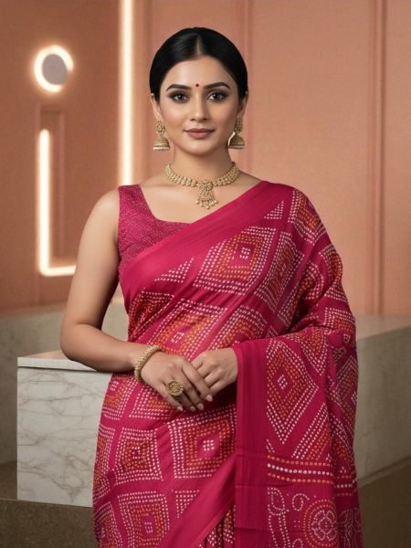 Elegant Satin Bandhni Printed Party wear Saree Printed Sarees