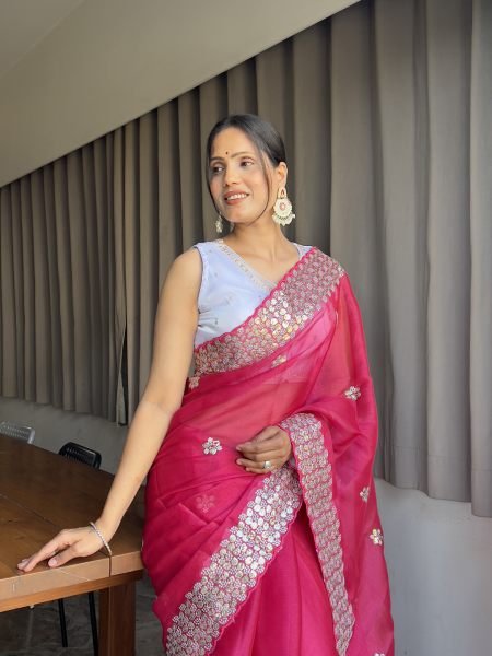 Embroidered sequins Organza Saree With Ready Made Blouse Designer Sarees