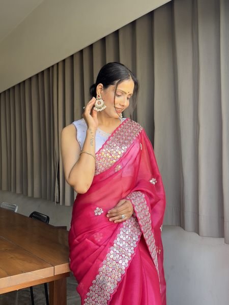 Embroidered sequins Organza Saree With Ready Made Blouse Designer Sarees