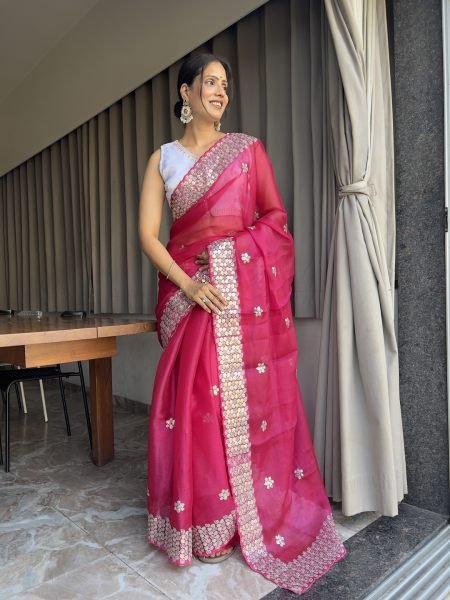 Embroidered sequins Organza Saree With Ready Made Blouse Designer Sarees
