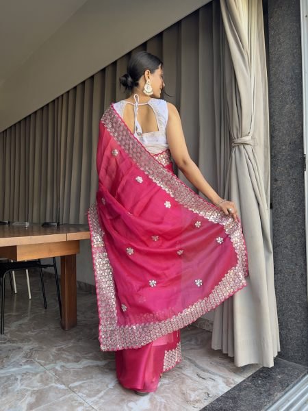 Embroidered sequins Organza Saree With Ready Made Blouse Designer Sarees