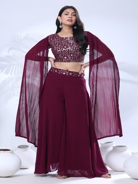 Embroidery Sequence Georgette Designer Maroon Outfit Designer Outfit