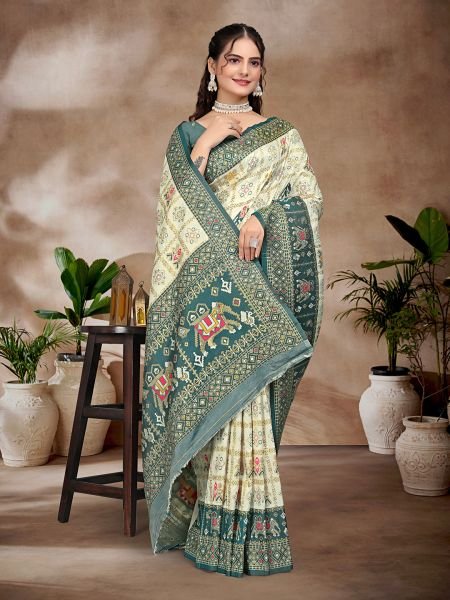 Exquisite White   Blue Pure Silk Woven Patola Festive Saree Designer Sarees