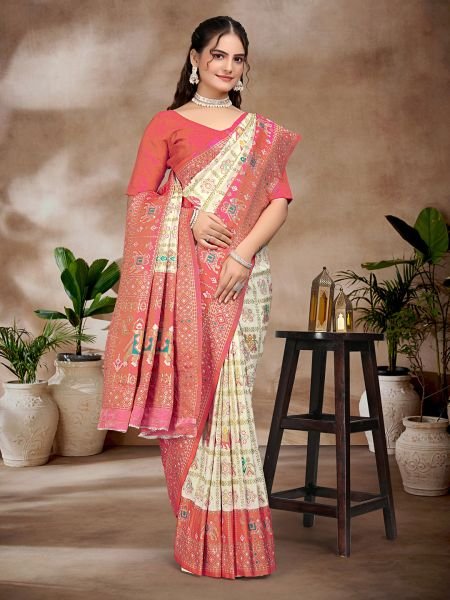 Exquisite White   Gajari Pure Silk Woven Patola Festive Saree Patola Sarees