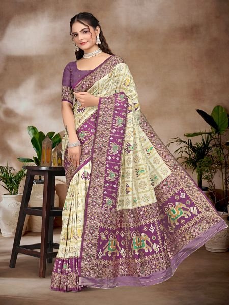 Exquisite White   Purple Pure Silk Woven Patola Festive Saree Sale