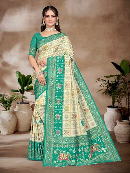 Exquisite White   Rama Pure Silk Woven Patola Festive Saree Patola Sarees