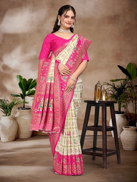 Exquisite White   Rani Pure Silk Woven Patola Festive Saree Patola Sarees