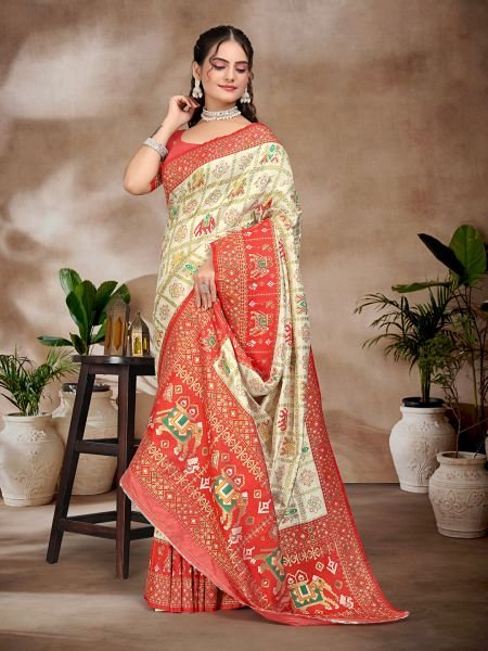 Exquisite White   Red Pure Silk Woven Patola Festive Saree Patola Sarees