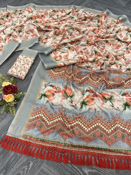 Fanta Cotton Silk Handloom Printed Saree with Tassel Border Pallu Sale