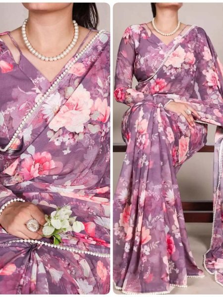 Floral Digital Print Georgette Saree with Delicate Pearl  Moti  Border Daily Deals