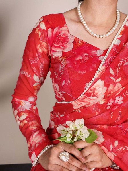 Floral Digital Print Georgette Saree with Delicate Pearl  Moti  Border Printed Sarees