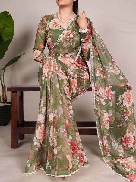 Floral Digital Print Georgette Saree with Delicate Pearl  Moti  Border Printed Sarees