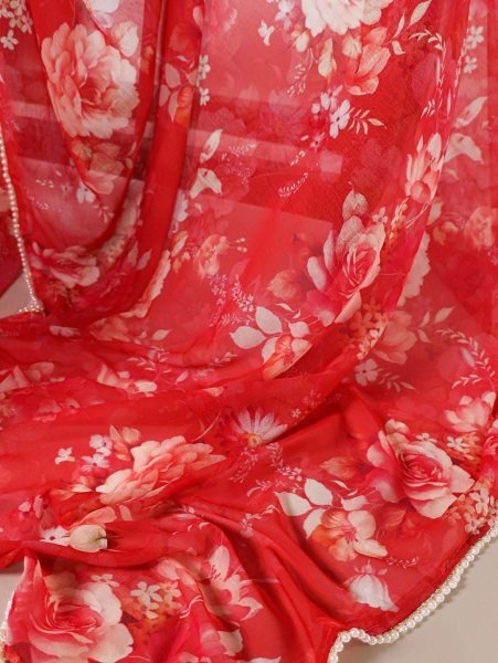 Floral Digital Print Georgette Saree with Delicate Pearl  Moti  Border Printed Sarees