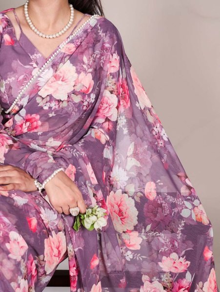Floral Digital Print Georgette Saree with Delicate Pearl  Moti  Border Printed Sarees