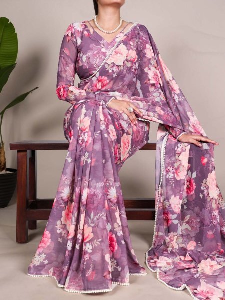 Floral Digital Print Georgette Saree with Delicate Pearl  Moti  Border Printed Sarees