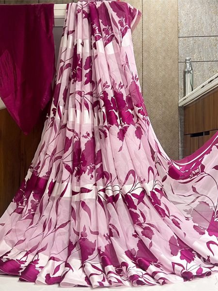 Floral Print Georgette Saree with Satin Border Daily Deals