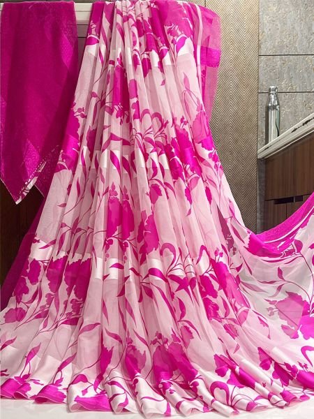 Floral Print Georgette Saree with Satin Border Daily Deals