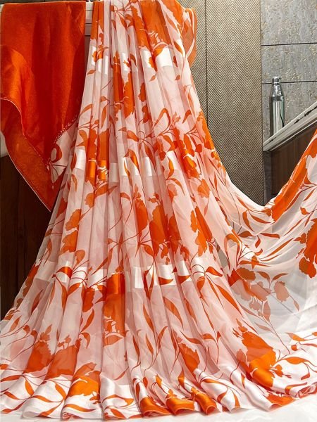 Floral Print Georgette Saree with Satin Border Daily Deals