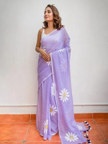Floral Print Handloom Pure Cotton Saree with Unstitched Blouse Piece Daily Deals