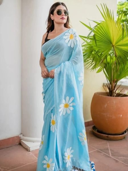 Floral Print Handloom Pure Cotton Saree with Unstitched Blouse Piece Printed Sarees