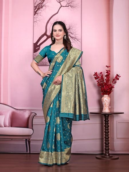 Floral Print Ready to Wear Banarasi Jacquard Party Saree with Unstitched Blouse Ready To Wear Sarees