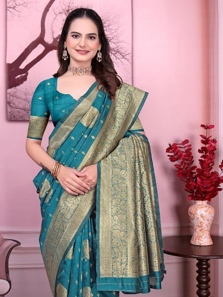 Floral Print Ready to Wear Banarasi Jacquard Party Saree with Unstitched Blouse Ready To Wear Sarees