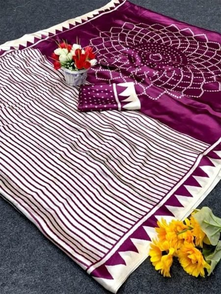 Geometric Stripes Crepe Silk Traditional Print Saree Daily Deals