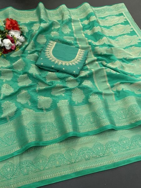 Georgette Banarasi jacquard Work Saree With Embroidery Blouse Saree