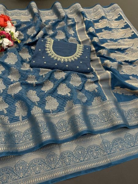 Georgette Banarasi jacquard Work Saree With Embroidery Blouse Sale