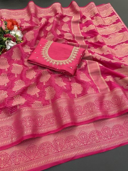 Georgette Banarasi jacquard Work Saree With Embroidery Blouse Sale