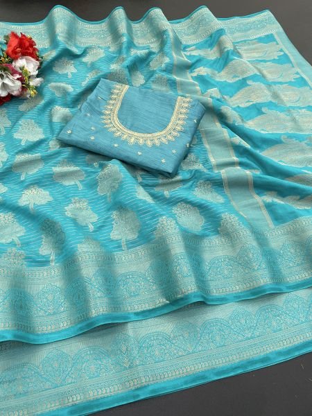 Georgette Banarasi jacquard Work Saree With Embroidery Blouse Sale