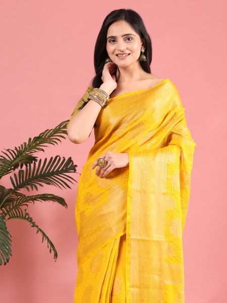 Gold Banarasi Georgette jacquard Saree With Embroidery Blouse Sale