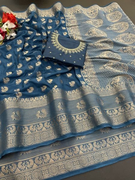 Georgette Banarasi Zari Work Saree With Embroidery Blouse Sale
