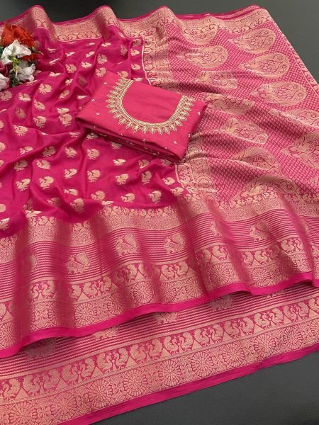 Georgette Banarasi Zari Work Saree With Embroidery Blouse Sale
