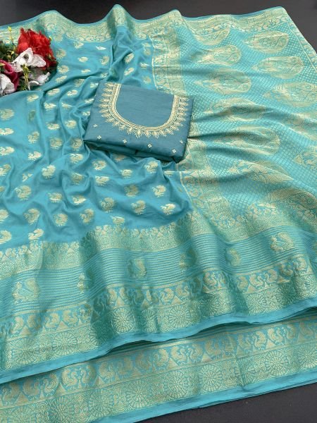 Georgette Banarasi Zari Work Saree With Embroidery Blouse Sale