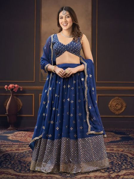Georgette Embroidered  Embellished Semi Stitched Blue Lehenga Choli Lehenga