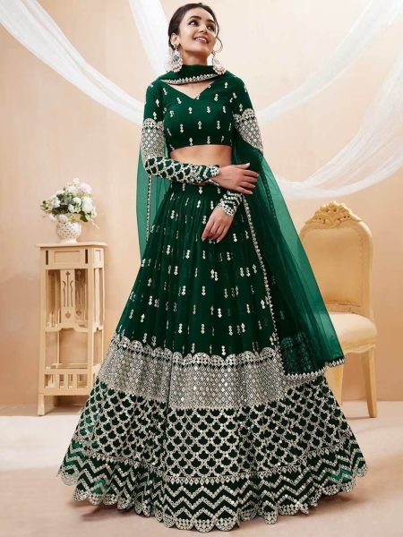 Georgette Embroidered  Embellished Semi Stitched Green Lehenga Choli Lehenga