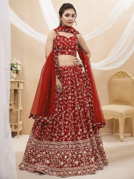 Georgette Embroidered  Embellished Semi Stitched Red  Lehenga Choli Lehenga